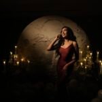 Standing Red Dress Moon Looking different place